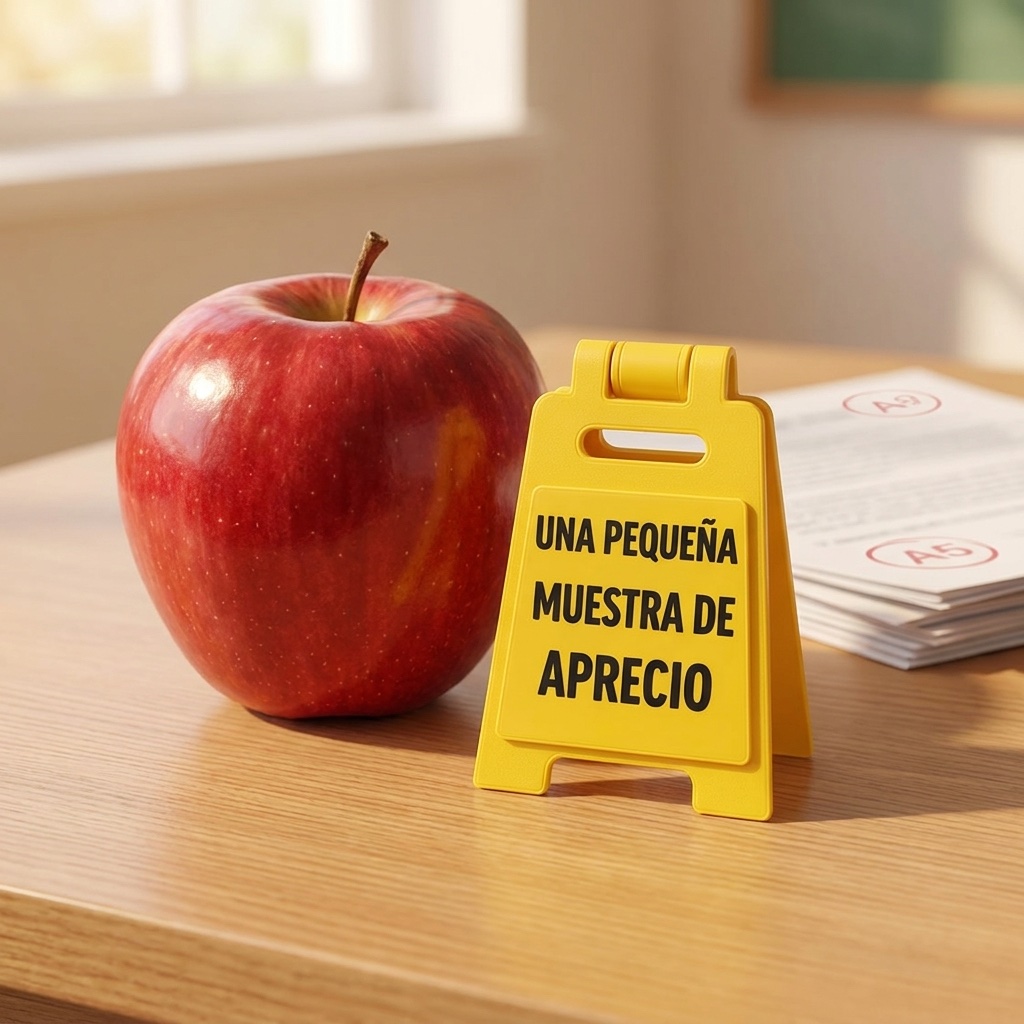 Letrero pequeño amarillo que dice “Una Pequeña Muestra de Aprecio”
