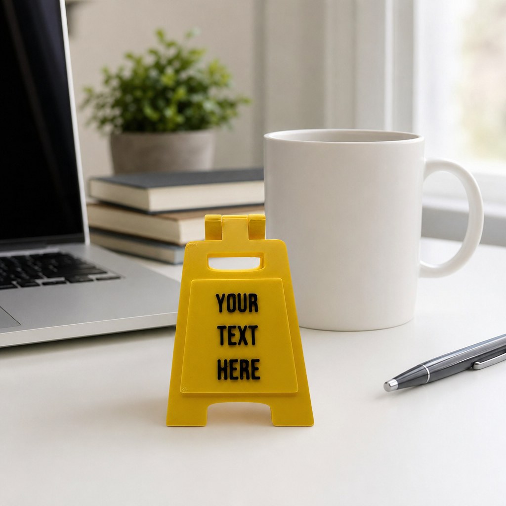Yellow A-frame desk sign reading YOUR TEXT HERE on a white desk, ready for custom text