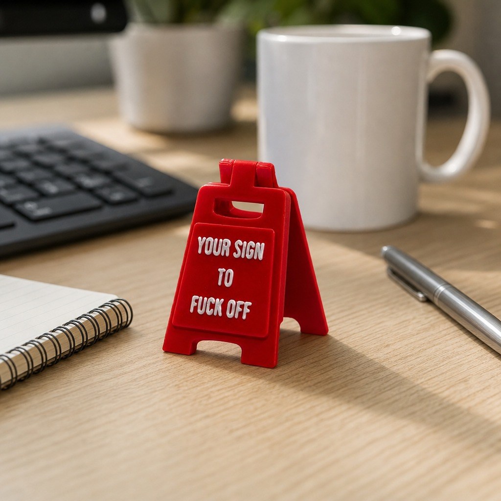 Small red A-frame desk sign reading “Your Sign To F*ck Off” on an oak office desk