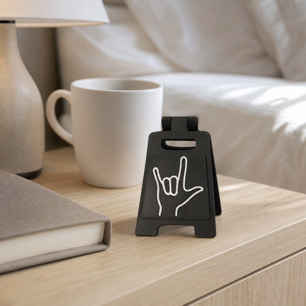 Small black A-frame desk sign with the ASL I love you handshape raised in white