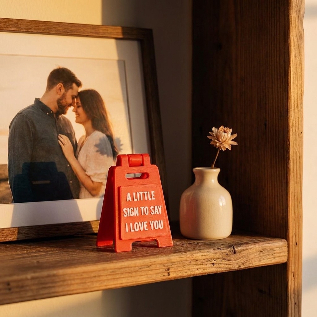 Small red A-frame sign reading “I Love You” on a shelf